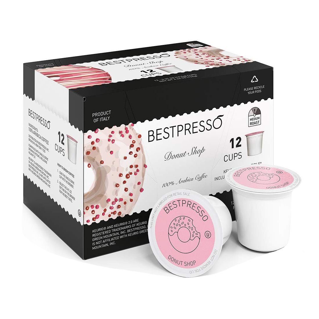 A box of Bestpresso Donut Shop medium roast coffee pods, containing 12 cups compatible with Keurig K-cup brewers.