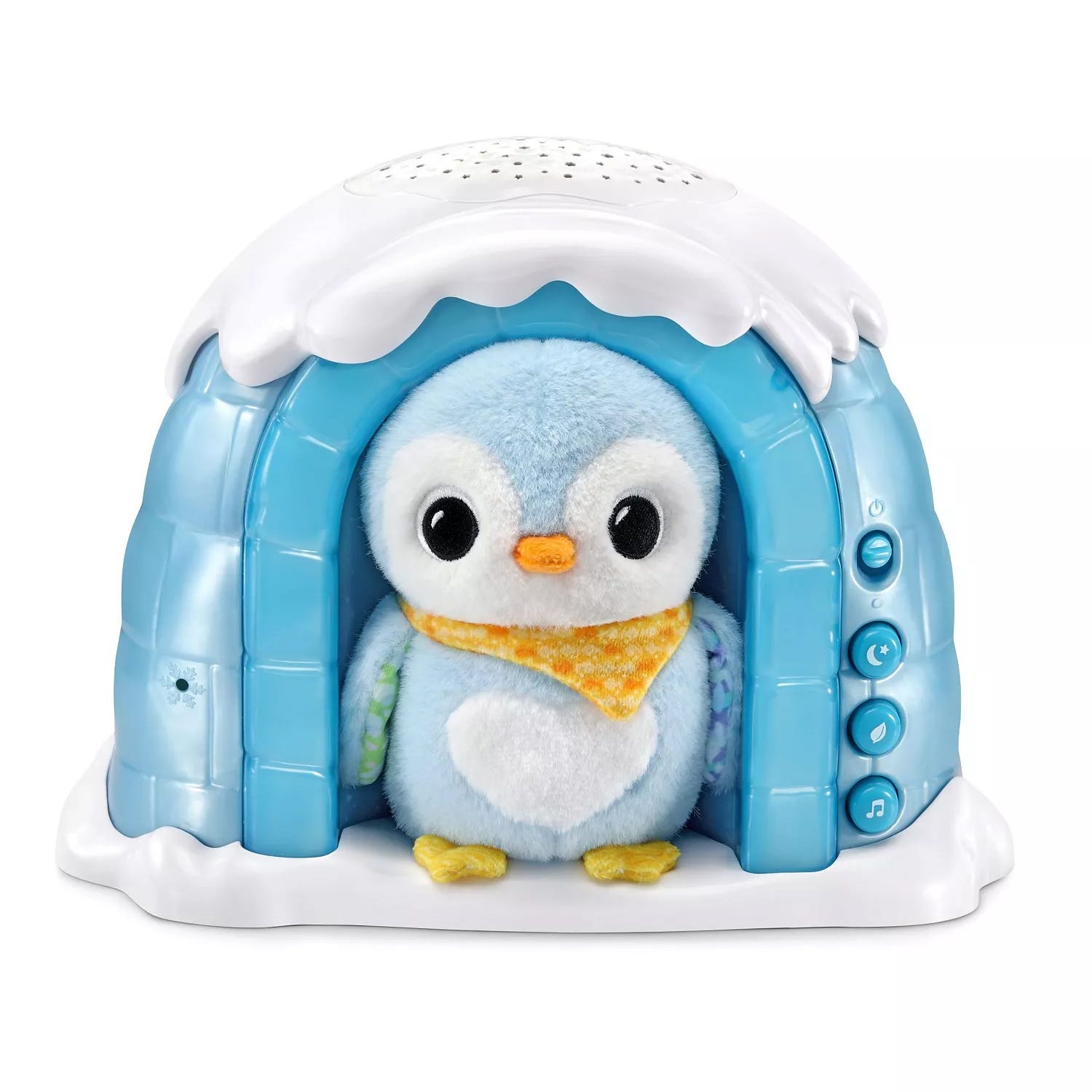 A plush penguin toy in a blue igloo with buttons on the side for different functions, such as music and sounds.