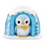 A plush penguin toy in a blue igloo with buttons on the side for different functions, such as music and sounds.