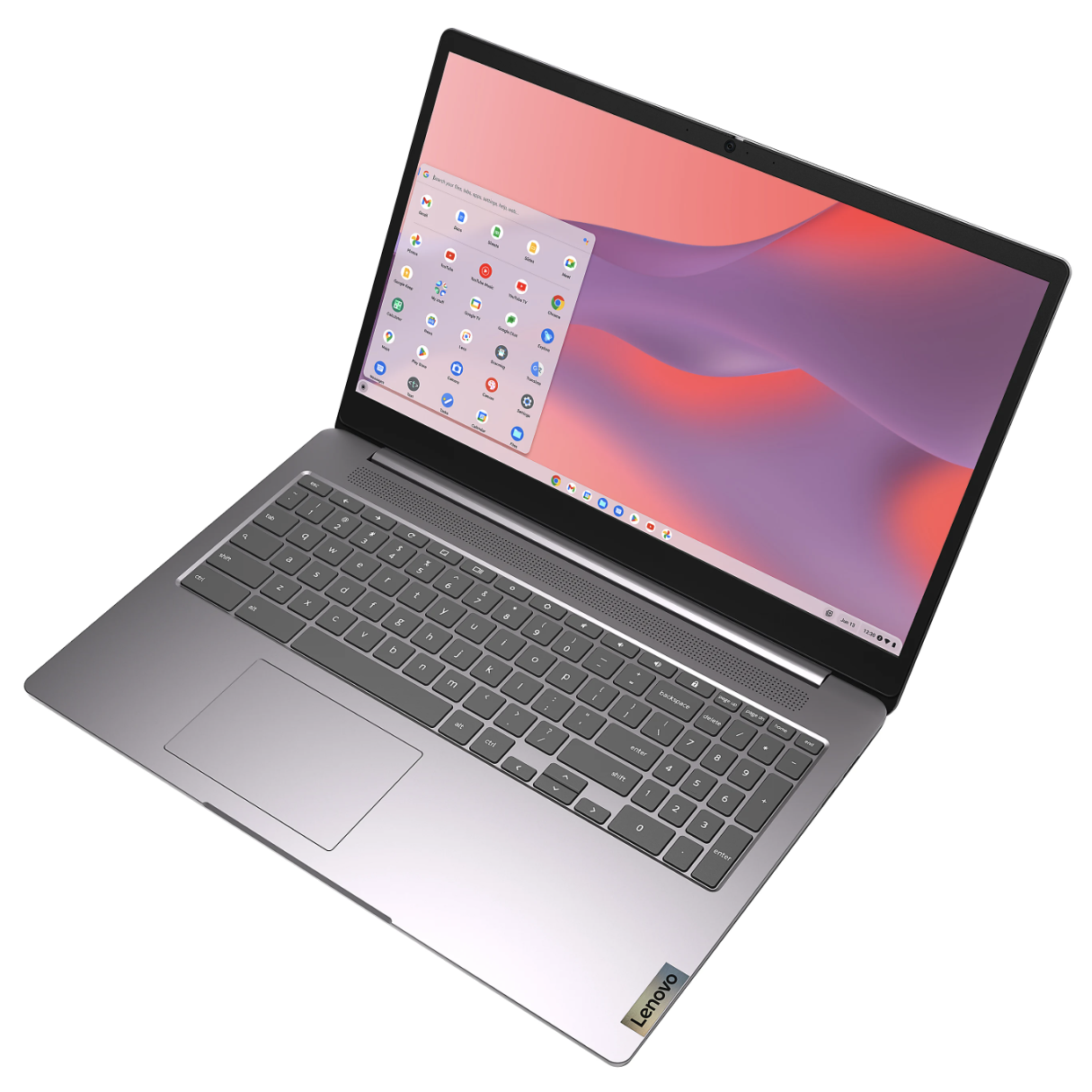 A Lenovo laptop with a silver finish running Chrome OS, featuring a keyboard and a large touchpad, alongside a colorful, user-friendly display interface.