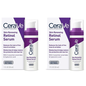 CeraVe Skin Renewing Retinol Serum, 1 fl oz (30 ml), reduces fine lines and wrinkles, moisturizes, and restores the skin barrier with 3 essential ceramides and hyaluronic acid.