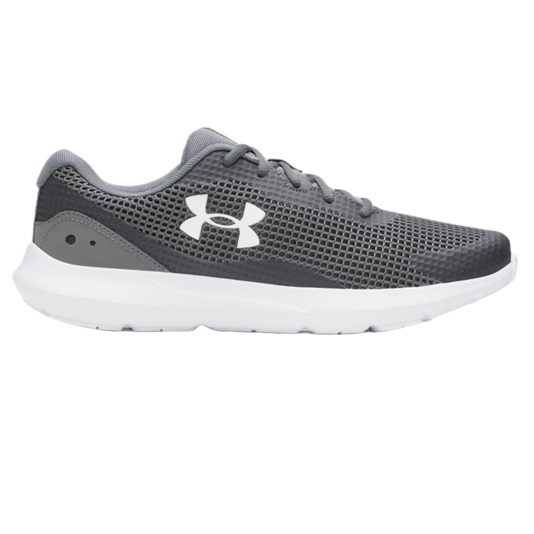 Gray Under Armour athletic shoe with a white logo, mesh upper, and white sole.