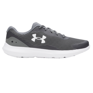 Gray Under Armour athletic shoe with a white logo, mesh upper, and white sole.