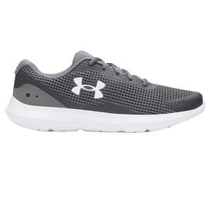 Gray Under Armour athletic shoe with a white logo, mesh upper, and white sole.