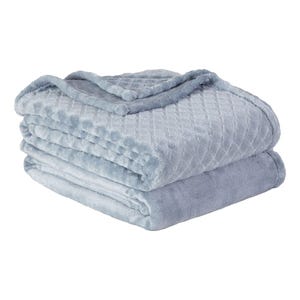 A folded, light blue, quilted plush blanket with a soft texture and decorative stitching.