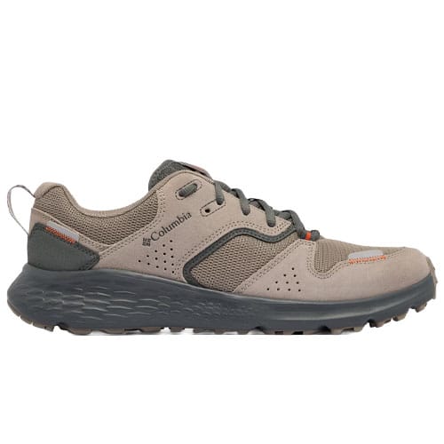 Columbia hiking shoe in taupe and dark gray, featuring mesh fabric, suede overlays, and a rugged rubber outsole for enhanced grip.