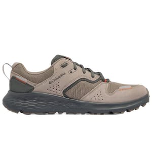 Columbia hiking shoe in taupe and dark gray, featuring mesh fabric, suede overlays, and a rugged rubber outsole for enhanced grip.