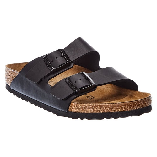 A black sandal with two adjustable straps and a cork footbed, featuring a slip-on design.