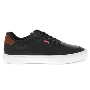 Black Levi's sneaker with a white sole, featuring a red logo on the side and brown accent on the heel.