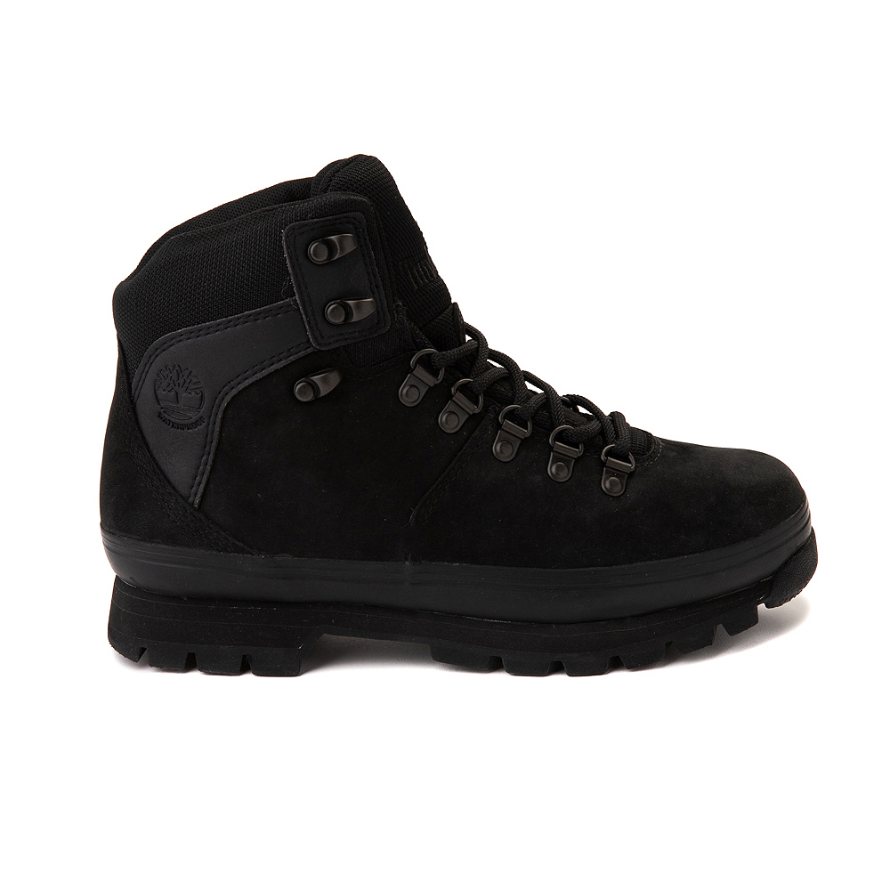 Black Timberland women's hiking boots featuring a leather upper with a padded collar and metal lace eyelets on a thick rubber sole.