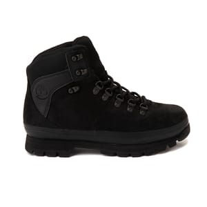 Black Timberland women's hiking boots featuring a leather upper with a padded collar and metal lace eyelets on a thick rubber sole.