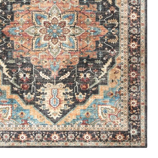 Intricately designed area rug featuring a central star motif with floral and geometric patterns in shades of blue, orange, and black. The border is adorned with a series of floral designs.