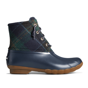 Sperry Plaid Duck Boots feature a navy rubber lower shell and a tartan plaid wool upper, with lace-up closure for a water-resistant and stylish design. The boots have a gum rubber sole for traction.