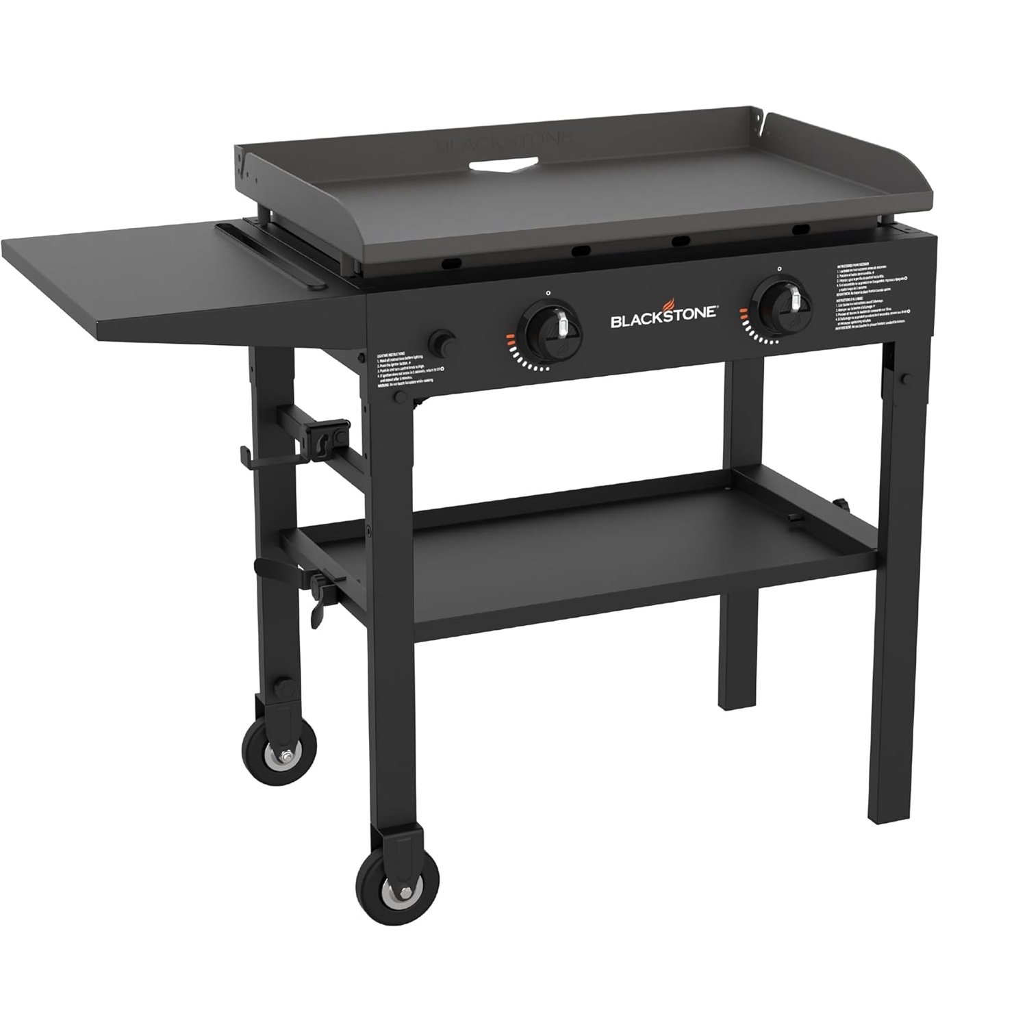 Blackstone 28\“ Griddle is a two-burner outdoor propane griddle with a flat top cooking surface, side shelf, and wheeled cart for mobility.