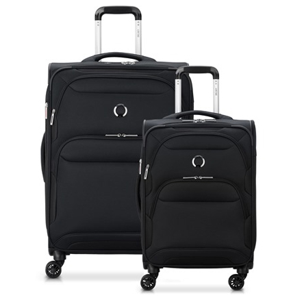 Two black suitcases, one larger with four wheels and an extendable handle, and a smaller one with two wheels.