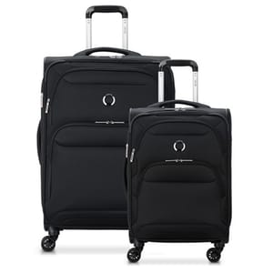 Two black suitcases, one larger with four wheels and an extendable handle, and a smaller one with two wheels.