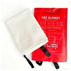 Fire blanket in a red protective pouch, made from 100% glass fiber, used for extinguishing small fires. Instructions and dimensions are visible on the pouch.