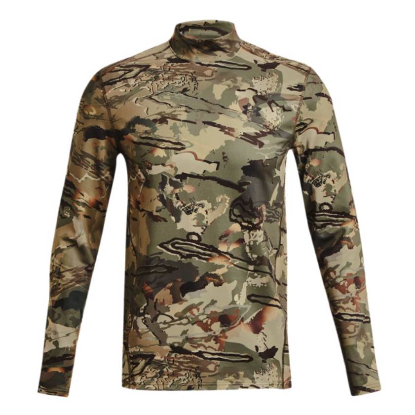 Under Armour ColdGear Baselayer features a fitted, long-sleeve design with a camouflage pattern, offering warmth and comfort for outdoor activities.