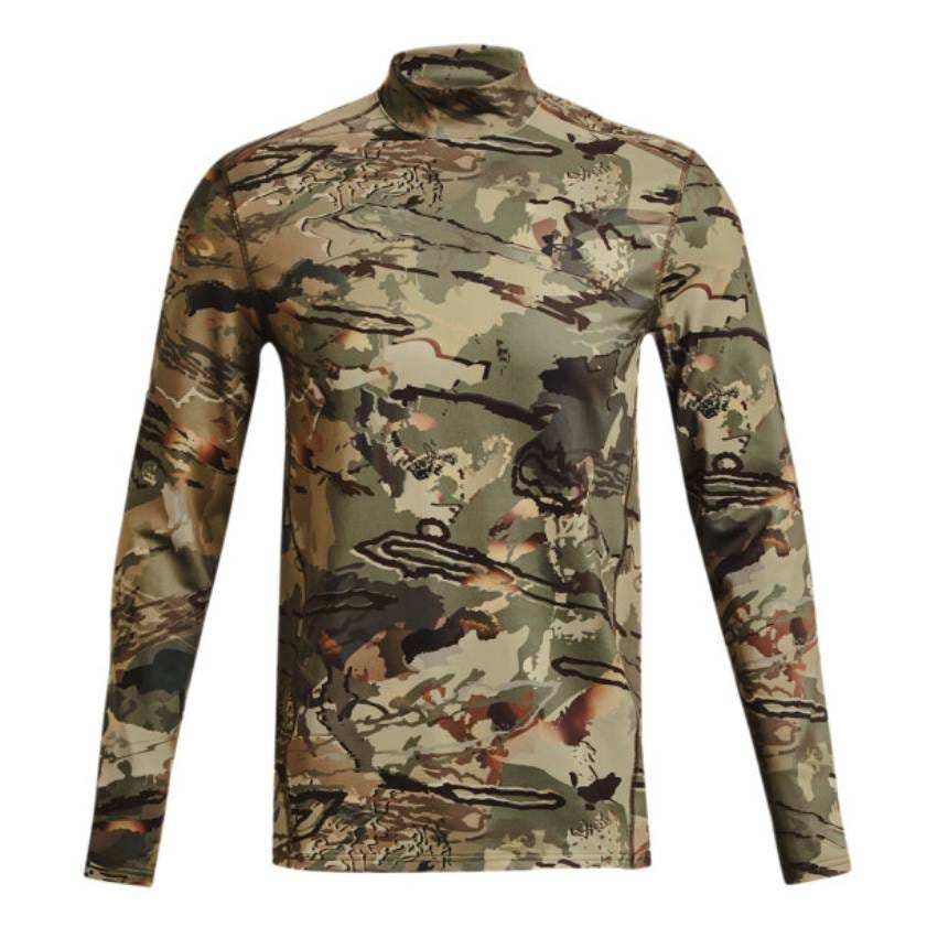 Under Armour ColdGear Baselayer features a fitted, long-sleeve design with a camouflage pattern, offering warmth and comfort for outdoor activities.