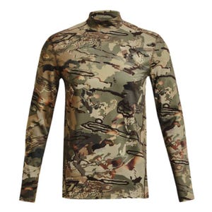 Under Armour ColdGear Baselayer features a fitted, long-sleeve design with a camouflage pattern, offering warmth and comfort for outdoor activities.