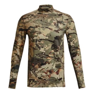 Under Armour ColdGear Baselayer features a fitted, long-sleeve design with a camouflage pattern, offering warmth and comfort for outdoor activities.