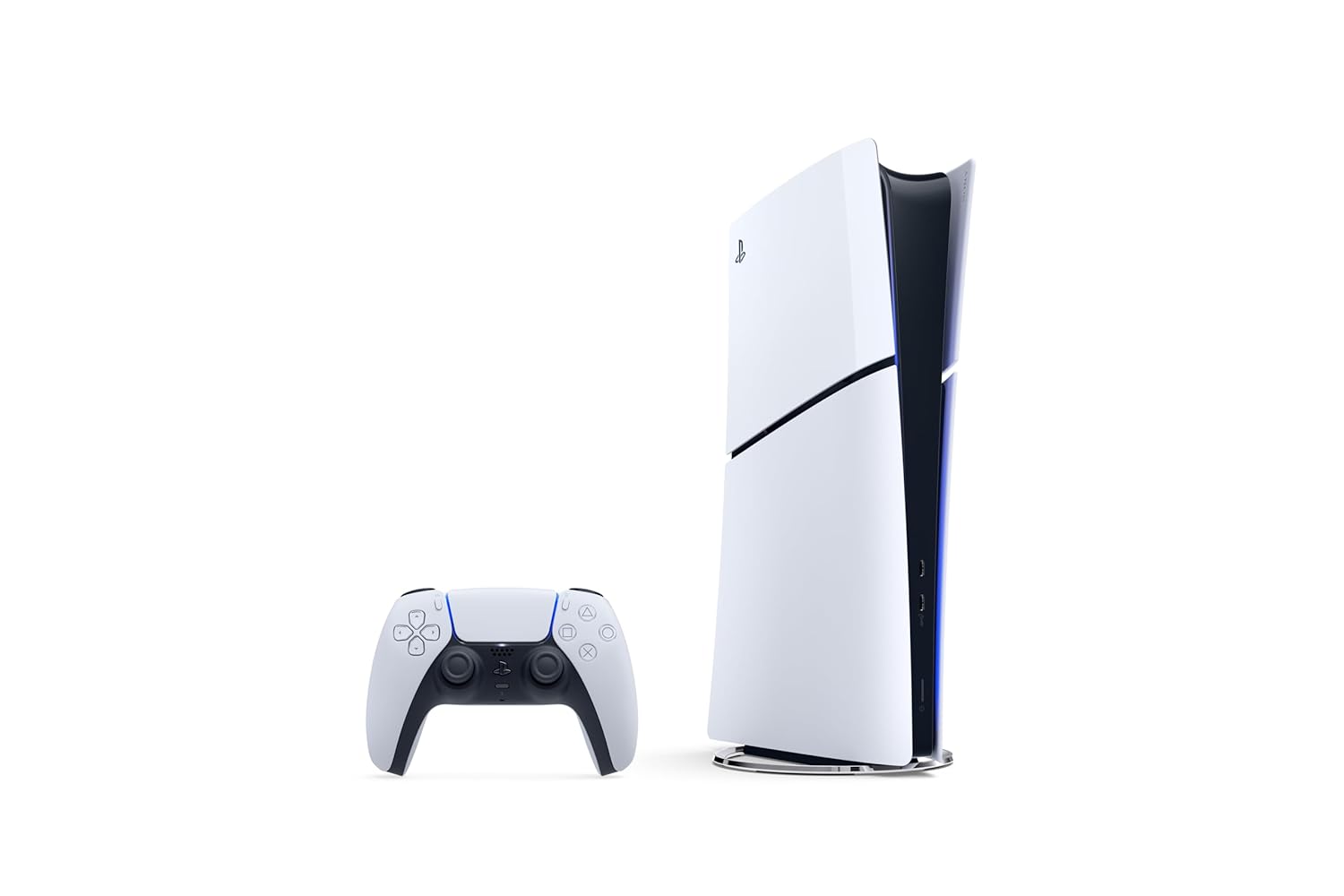 A white and black gaming console with a matching controller.
