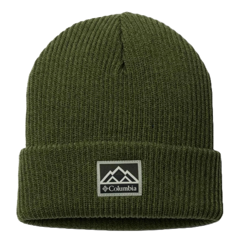 Green Columbia knit beanie with a ribbed texture and a logo patch on the cuff.
