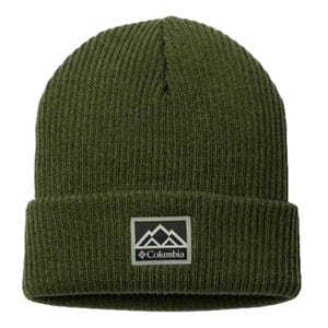 Green Columbia knit beanie with a ribbed texture and a logo patch on the cuff.