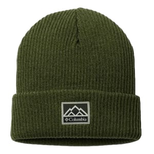 Green Columbia knit beanie with a ribbed texture and a logo patch on the cuff.