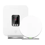 A white 5G modem and Wi-Fi router set with a digital display showing connection strength, featuring a prominent carrier logo.