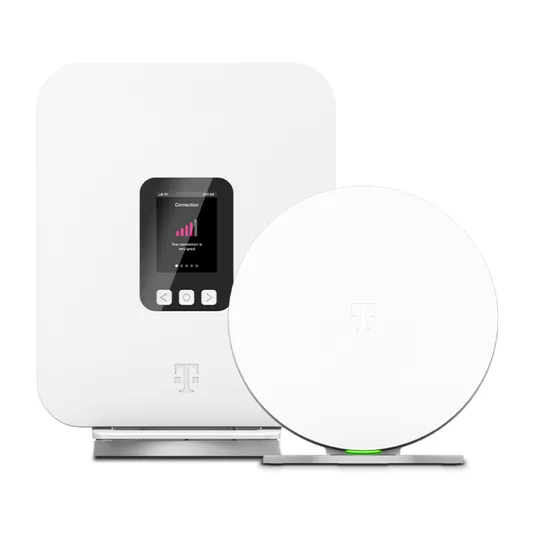 A white 5G modem and Wi-Fi router set with a digital display showing connection strength, featuring a prominent carrier logo.