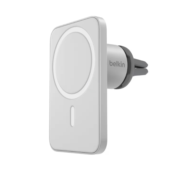 Belkin magnetic wireless car vent mount with a sleek rectangular design, compatible with MagSafe technology for smartphones.