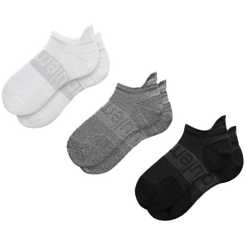 Three pairs of low-cut socks in white, gray, and black, each with a ribbed band and a subtle logo.