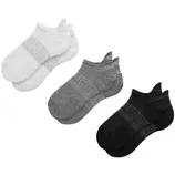 Three pairs of low-cut socks in white, gray, and black, each with a ribbed band and a subtle logo.