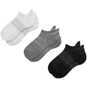 Three pairs of low-cut socks in white, gray, and black, each with a ribbed band and a subtle logo.