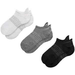 Three pairs of low-cut socks in white, gray, and black, each with a ribbed band and a subtle logo.