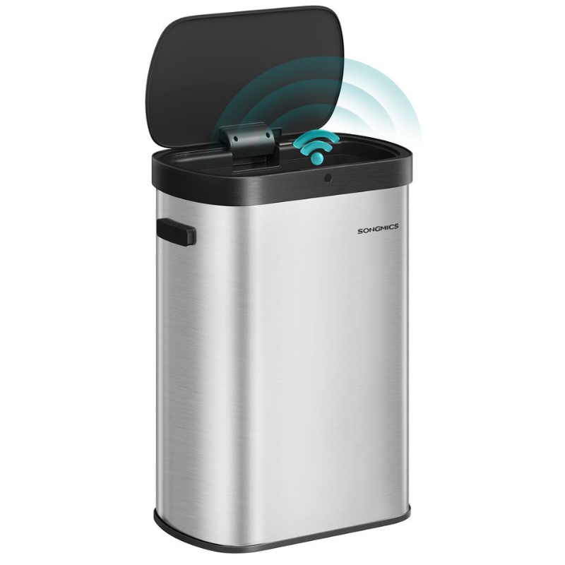 Sensor-activated stainless steel trash can with a black lid, featuring hands-free operation.