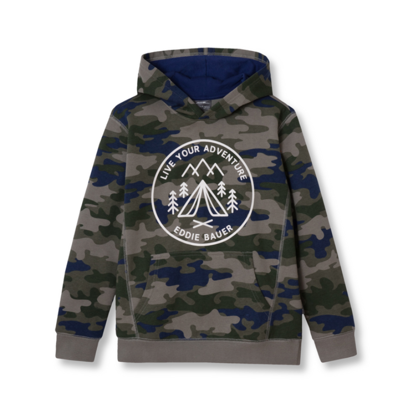 Camo-patterned hoodie with a front graphic featuring mountains, trees, and the phrase \“Live Your Adventure\“ above \“Eddie Bauer.\“ It has a kangaroo pocket and ribbed cuffs and hem.