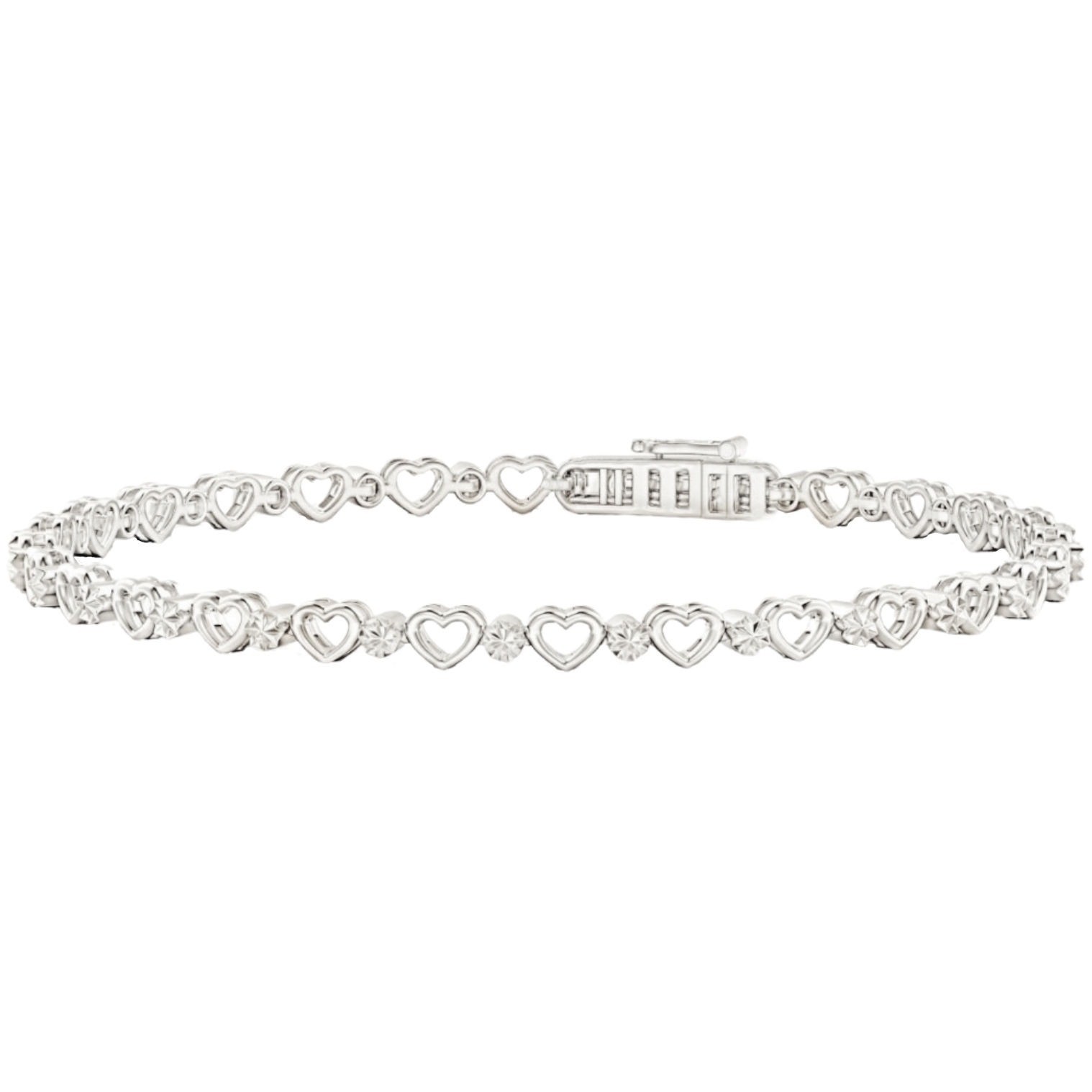 Silver bracelet with heart-shaped links and round clear stones, featuring a secure clasp.