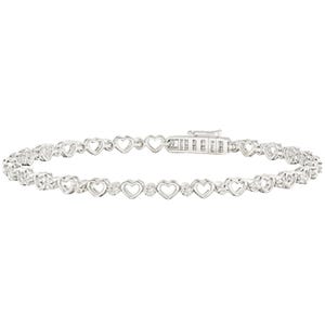 Silver bracelet with heart-shaped links and round clear stones, featuring a secure clasp.