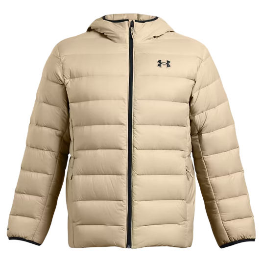 Beige insulated hooded jacket with horizontal quilting and a front zipper, featuring a small logo on the chest.