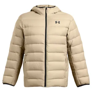 Beige insulated hooded jacket with horizontal quilting and a front zipper, featuring a small logo on the chest.