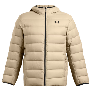 Beige insulated hooded jacket with horizontal quilting and a front zipper, featuring a small logo on the chest.