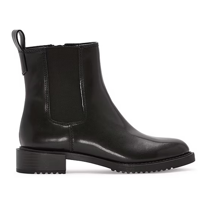Black leather Chelsea boot with an elastic side panel and a pull tab at the back, featuring a low block heel and ribbed sole.