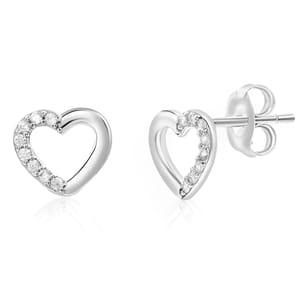 Silver heart-shaped stud earrings with sparkling stones on one side, featuring studs and butterfly backings.