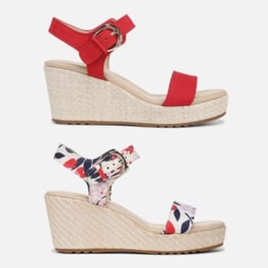 Two pairs of wedge sandals, one with red straps, the other with a floral pattern.