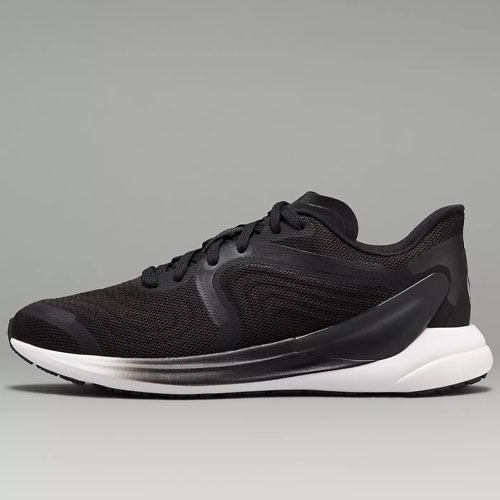 a pair of black and white lululemon running shoes