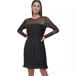 Black chiffon pleated dress with sheer long sleeves, round neckline, and a tie waist belt. The dress features a delicate, textured look and a knee-length hem.