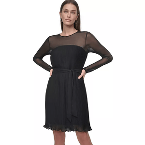 Black chiffon pleated dress with sheer long sleeves, round neckline, and a tie waist belt. The dress features a delicate, textured look and a knee-length hem.