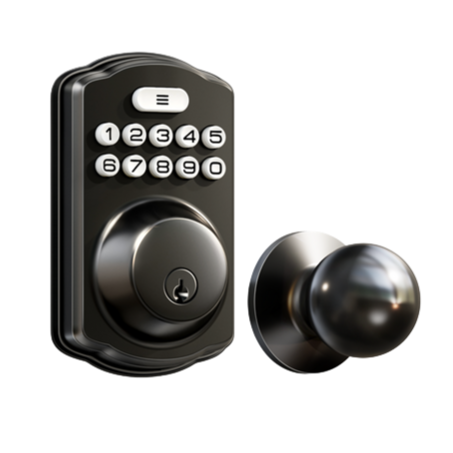 Keypad electronic door lock with a numbered keypad and a round door knob.